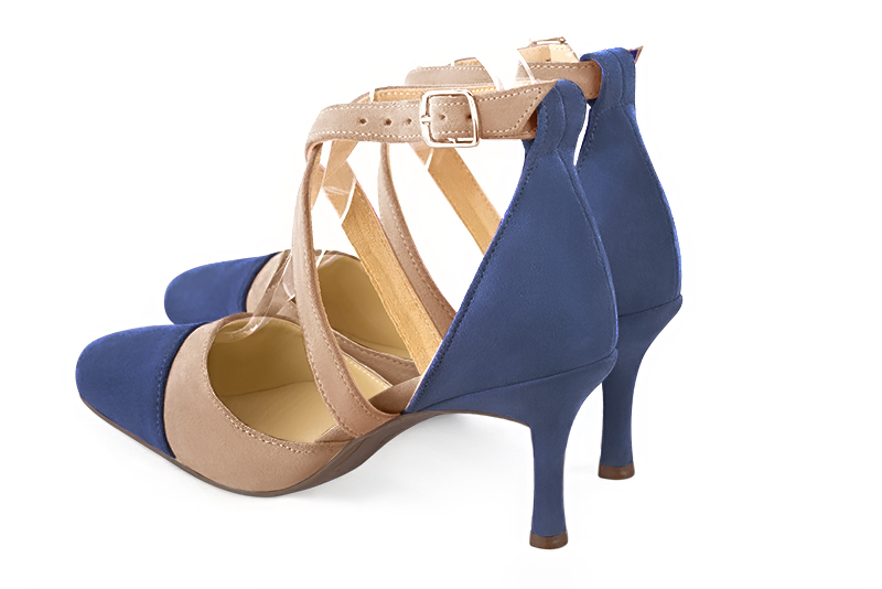Prussian blue and biscuit beige women's open side shoes, with crossed straps. Round toe. High slim heel. Rear view - Florence KOOIJMAN